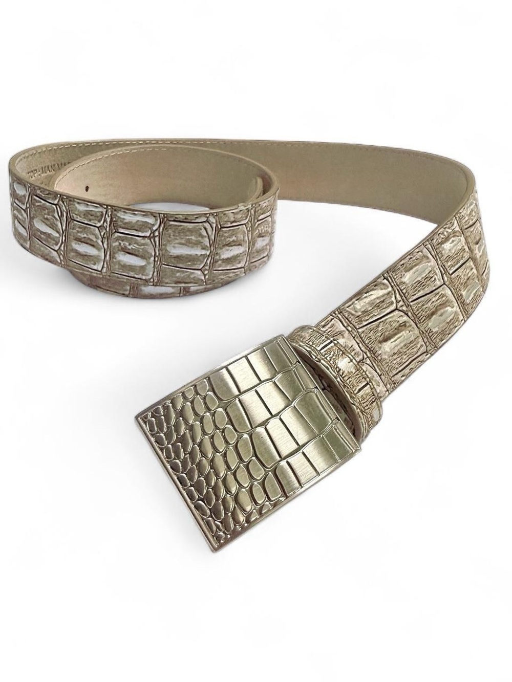 Chico's Faux Croc Embossed Belt Metal Silver Plate Buckle Neutral Beige Small